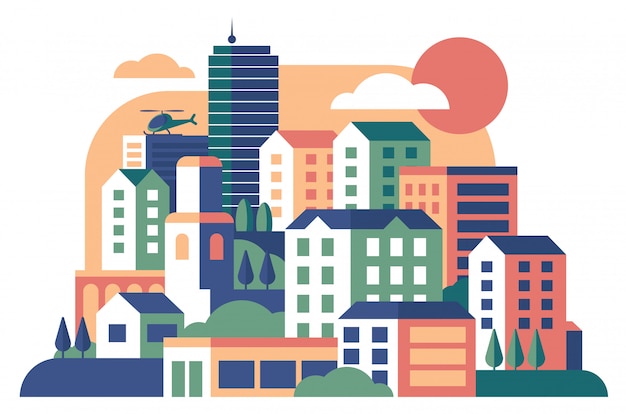 Vector city buildings cute landscape flat  illustration