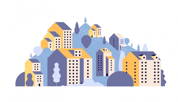 Vector city landscape. minimal residential houses in summer mountain landscape.