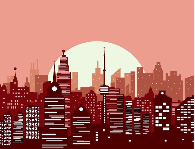 Vector city skyline at sunset