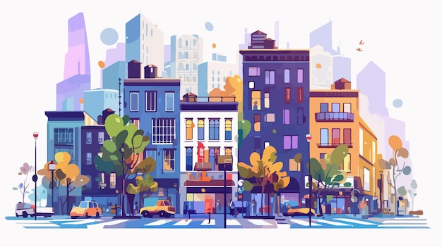 Vector city street landscape with downtown cityscape view