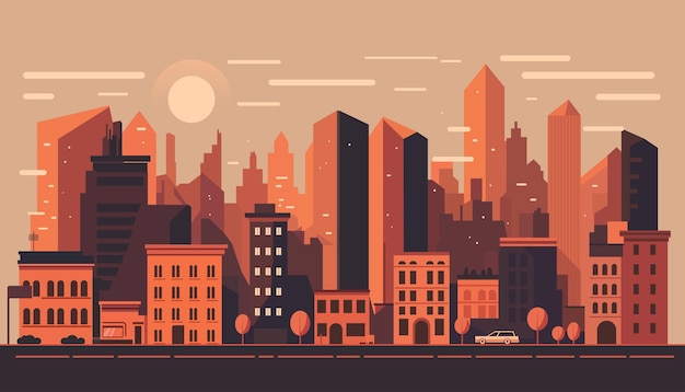 Vector cityscape background sunset town building silhouettes minimal geometric flat style vector illustration