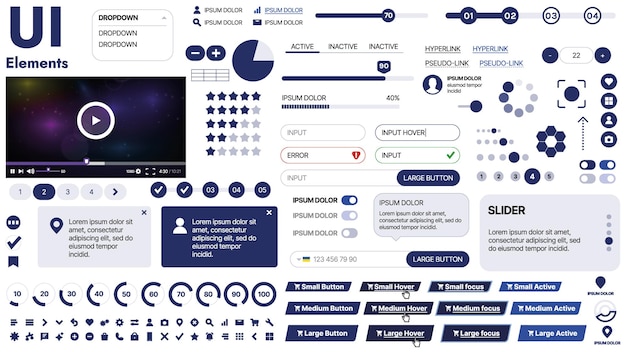 Vector a clean and responsive template with ui elements menu icons and checkboxes ideal for a business or social media page horizontal layout with simple shapes