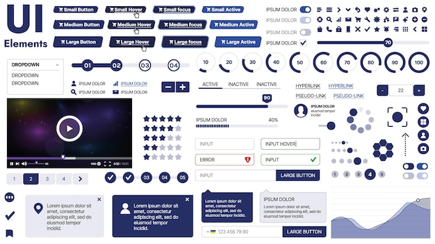 Vector a clean and responsive template with ui elements menu icons and checkboxes ideal for a business or social media page horizontal layout with simple shapes