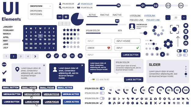 Vector a clean and responsive template with ui elements menu icons and checkboxes ideal for a business or social media page horizontal layout with simple shapes