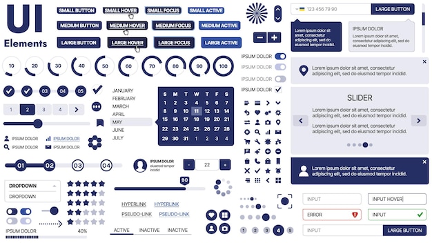 Vector a clean and responsive template with ui elements menu icons and checkboxes ideal for a business or social media page horizontal layout with simple shapes