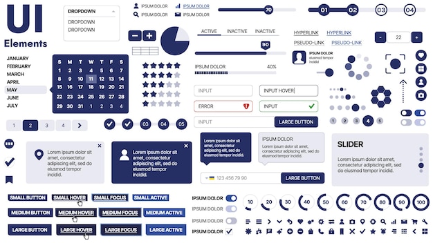 Vector a clean and responsive template with ui elements menu icons and checkboxes ideal for a business or social media page horizontal layout with simple shapes