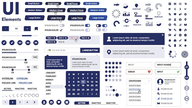 Vector a clean and responsive template with ui elements menu icons and checkboxes ideal for a business or social media page horizontal layout with simple shapes
