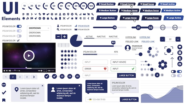 Vector a clean and responsive template with ui elements menu icons and checkboxes ideal for a business or social media page horizontal layout with simple shapes