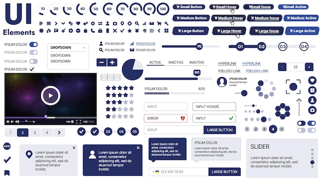 Vector a clean and responsive template with ui elements menu icons and checkboxes ideal for a business or social media page horizontal layout with simple shapes