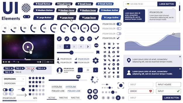Vector a clean and responsive template with ui elements menu icons and checkboxes ideal for a business or social media page horizontal layout with simple shapes