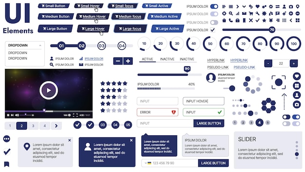 Vector a clean and responsive template with ui elements menu icons and checkboxes ideal for a business or social media page horizontal layout with simple shapes