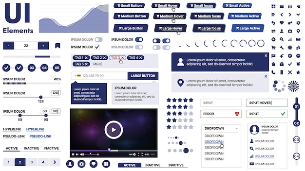 Vector a clean and responsive template with ui elements menu icons and checkboxes ideal for a business or social media page horizontal layout with simple shapes