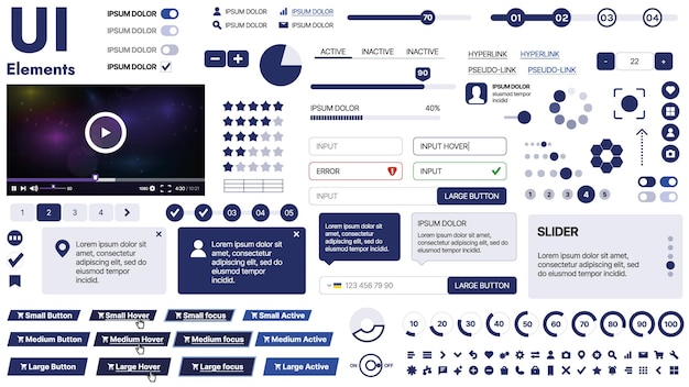 Vector a clean and responsive template with ui elements menu icons and checkboxes ideal for a business or social media page horizontal layout with simple shapes