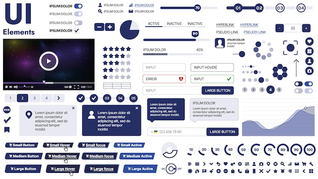 Vector a clean and responsive template with ui elements menu icons and checkboxes ideal for a business or social media page horizontal layout with simple shapes