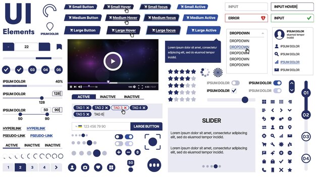 Vector a clean and responsive template with ui elements menu icons and checkboxes ideal for a business or social media page horizontal layout with simple shapes