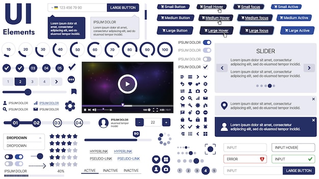 Vector a clean and responsive template with ui elements menu icons and checkboxes ideal for a business or social media page horizontal layout with simple shapes