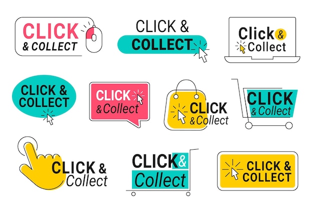 Vector click and collect online shop buttons with clicking cursor pointer computer mouse and shopping bag vector set