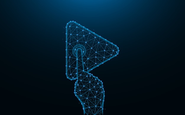 Vector click on play made from points and lines on dark blue background, hand and button wireframe mesh polygonal  