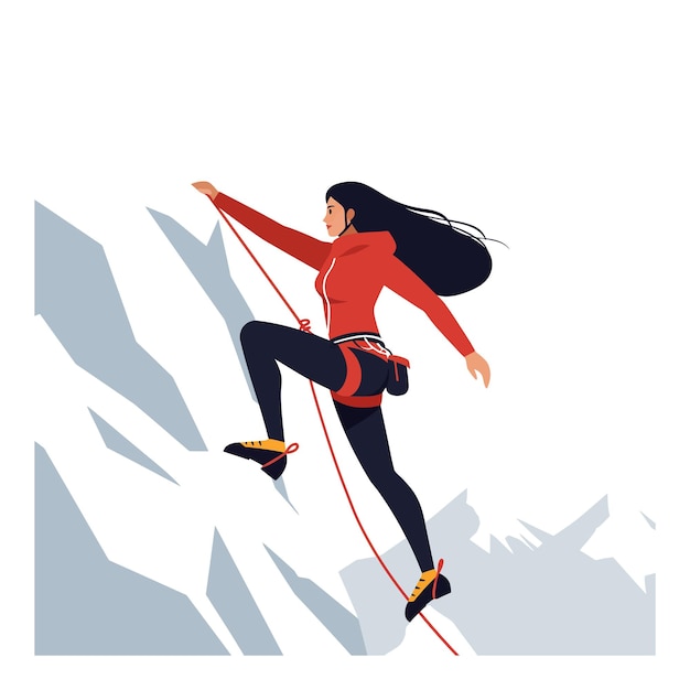 Vector climber ascending steep rock face in minimal flat design vector illustration