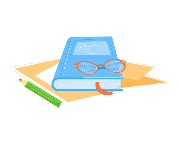 Vector closed blue book with orange glasses and green pencil on yellow papers education and reading concept