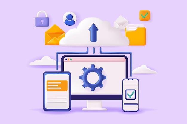 Vector cloud computing concept 3d illustration online data storage exchange and transfer of information or files between different gadgets cloud computing vector illustration for modern web banner design