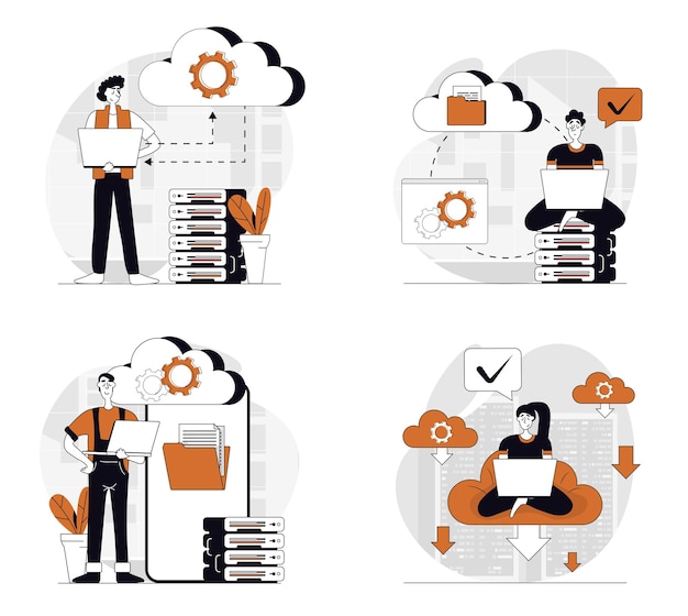 Vector cloud computing concept set in flat design for web collection with people using cloud technology making sync and data backup working with database and online files storage vector illustrations