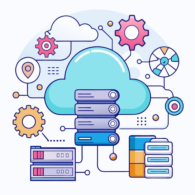 Vector a cloud computing database network with various devices sign and checkmarks
