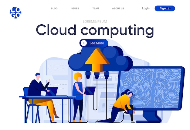 Vector cloud computing flat landing page. engineers servicing cloud database system illustration. hosting platform administrating, data center computing web page composition with people characters.