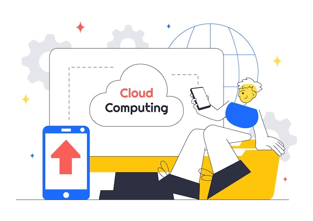 Vector cloud computing illustration featuring digital technology speed connection with database statistics analytics server monitoring and network
