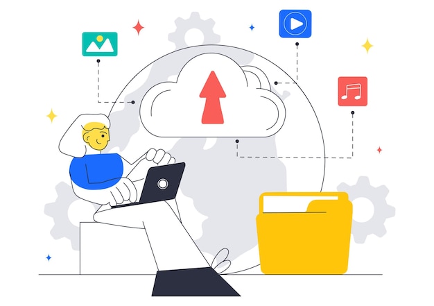 Vector cloud computing illustration featuring digital technology speed connection with database statistics analytics server monitoring and network