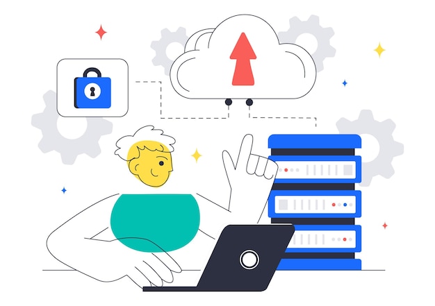 Vector cloud computing illustration featuring digital technology speed connection with database statistics analytics server monitoring and network