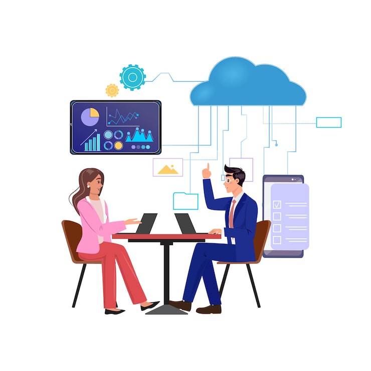 Cloud computing illustration with professionals collaborating on data analytics and digital workflowxA