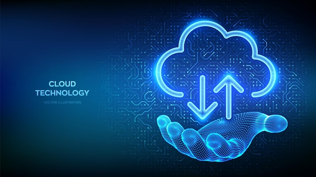 Vector cloud computing service cloud icon in wireframe hand secure cloud storage database storage data center upload download app circuit board pattern pcb printed circuit texture vector illustration
