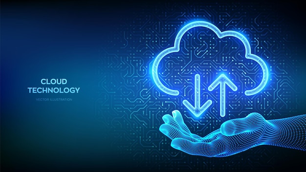 Vector cloud computing service cloud icon in wireframe hand secure cloud storage database storage data center upload download app circuit board pattern pcb printed circuit texture vector illustration