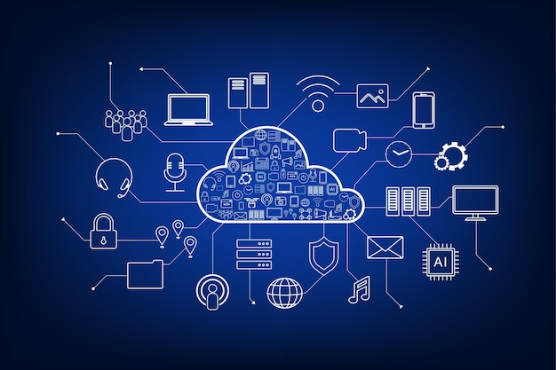 Vector cloud computing technology with icons on blue background vector illustration