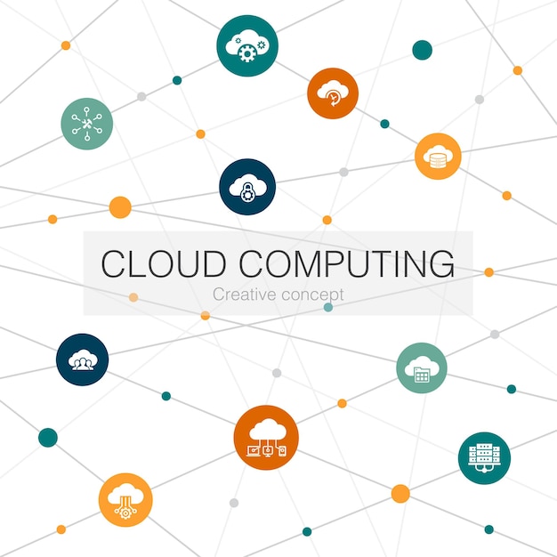 Vector cloud computing trendy web template with simple icons. contains such elements as  cloud backup, data center, saas,  service provider