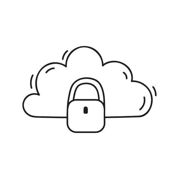 Vector cloud data doodle protection with padlock hand drawn technology network communication and settings