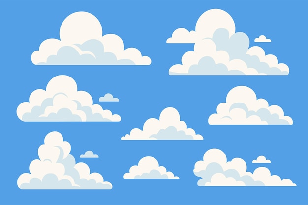 Vector cloud simple vector set with fluffy and puffy cloud shapes on blue sky background