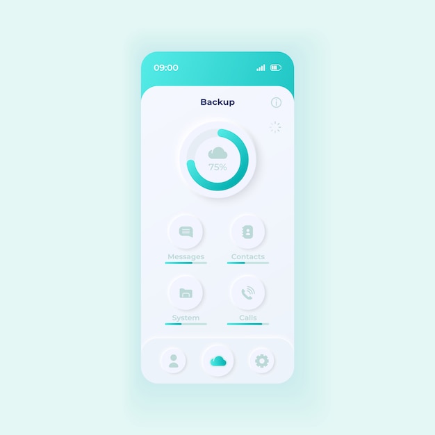 Vector cloud storage application smartphone interface  template. mobile app page light design layout. data reserve copying screen.  ui for application. server uploading process on phone display.