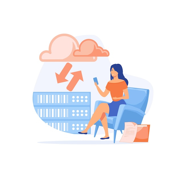Vector cloud storage concept, digital hosted storage, database security, data infrastructure service, cloud computing, flat vector modern illustration
