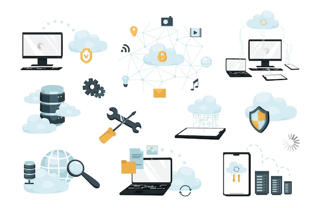 Vector cloud storage design elements set. collection of data transfer, computing, internet protection, networking, server racks, data center. vector illustration isolated objects in flat cartoon style