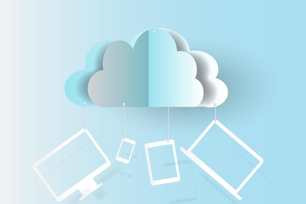 Vector cloud technology business devices backgroundpaper cut style