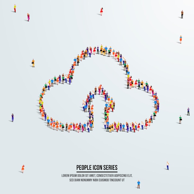 Vector cloud upload concept. large group of people form to create cloud upload icon shape. vector .