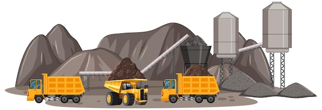 Vector coal mining scene with construction trucks