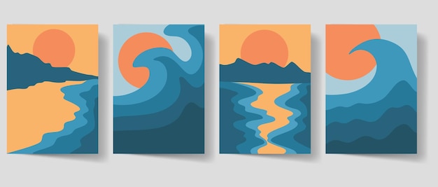 Vector coastal sunset and wave minimalist art prints