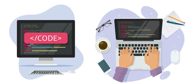 Vector code programming on computer laptop screen vector icon flat graphic illustration, developer person man typing program software script on table working desk, cartoon coder programmer image clipart