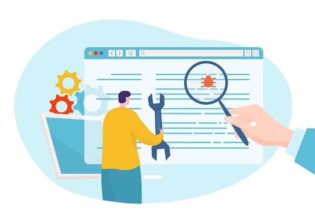 Vector code review at screen technology vector illustration flat man character work with computer interface program digital developing at laptop