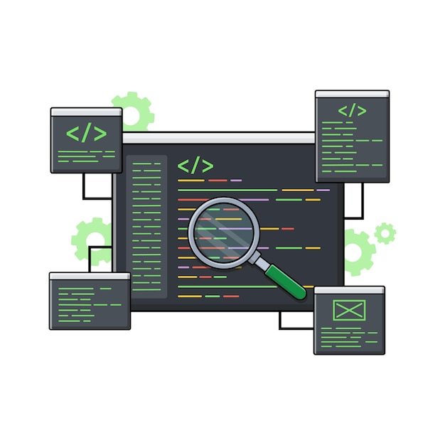 Vector code window with magnifying glass vector illustration coding analysis concept design