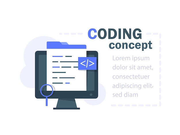 Vector code writing concept, software development, code script, vector flat illustration
