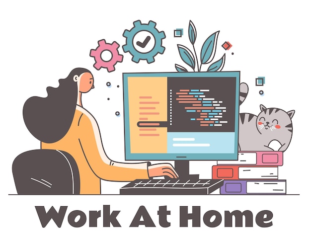 Vector coder programmer developer character working at home work visible on screen home desktop workplace